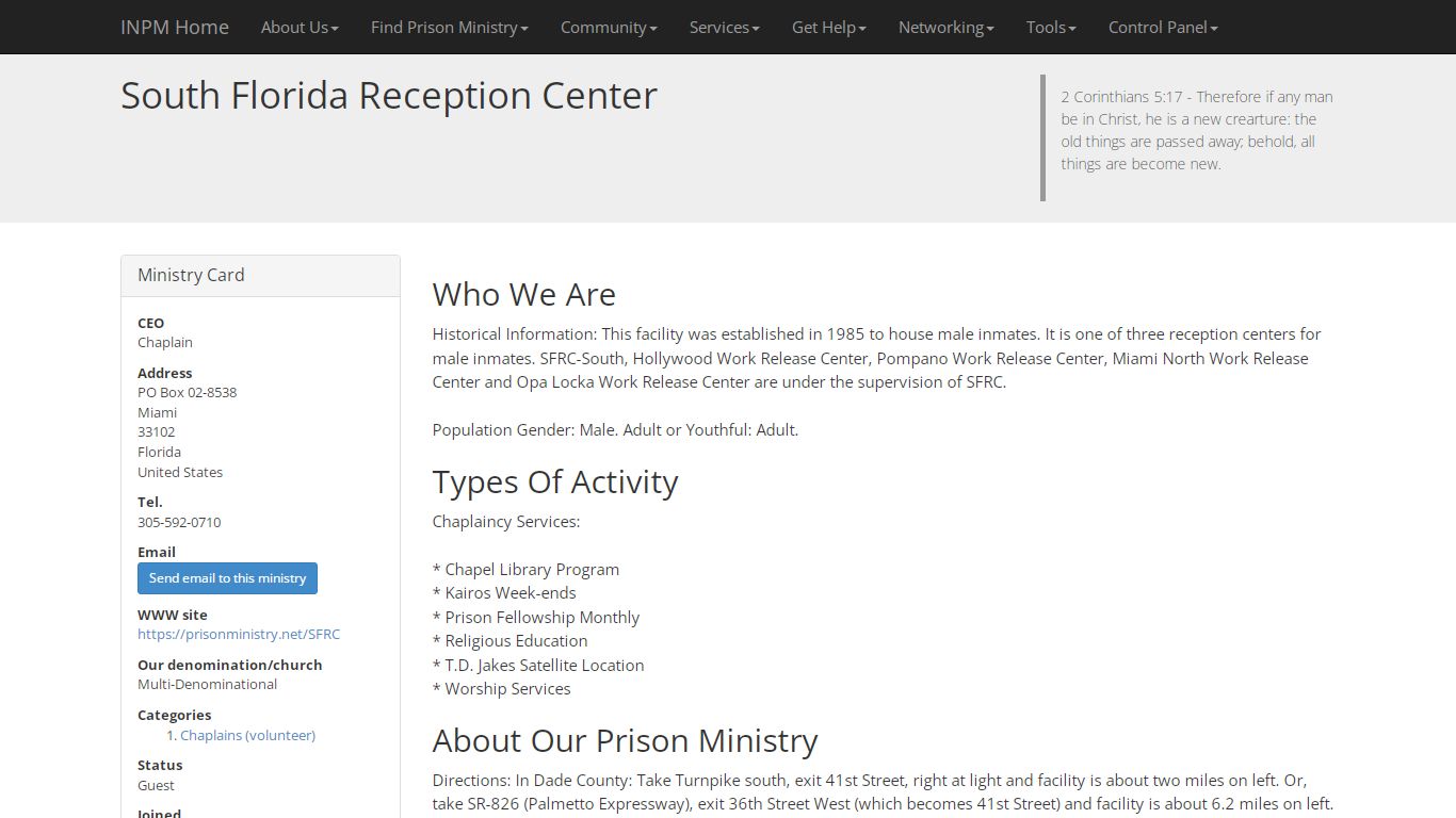 South Florida Reception Center - Prison Ministry